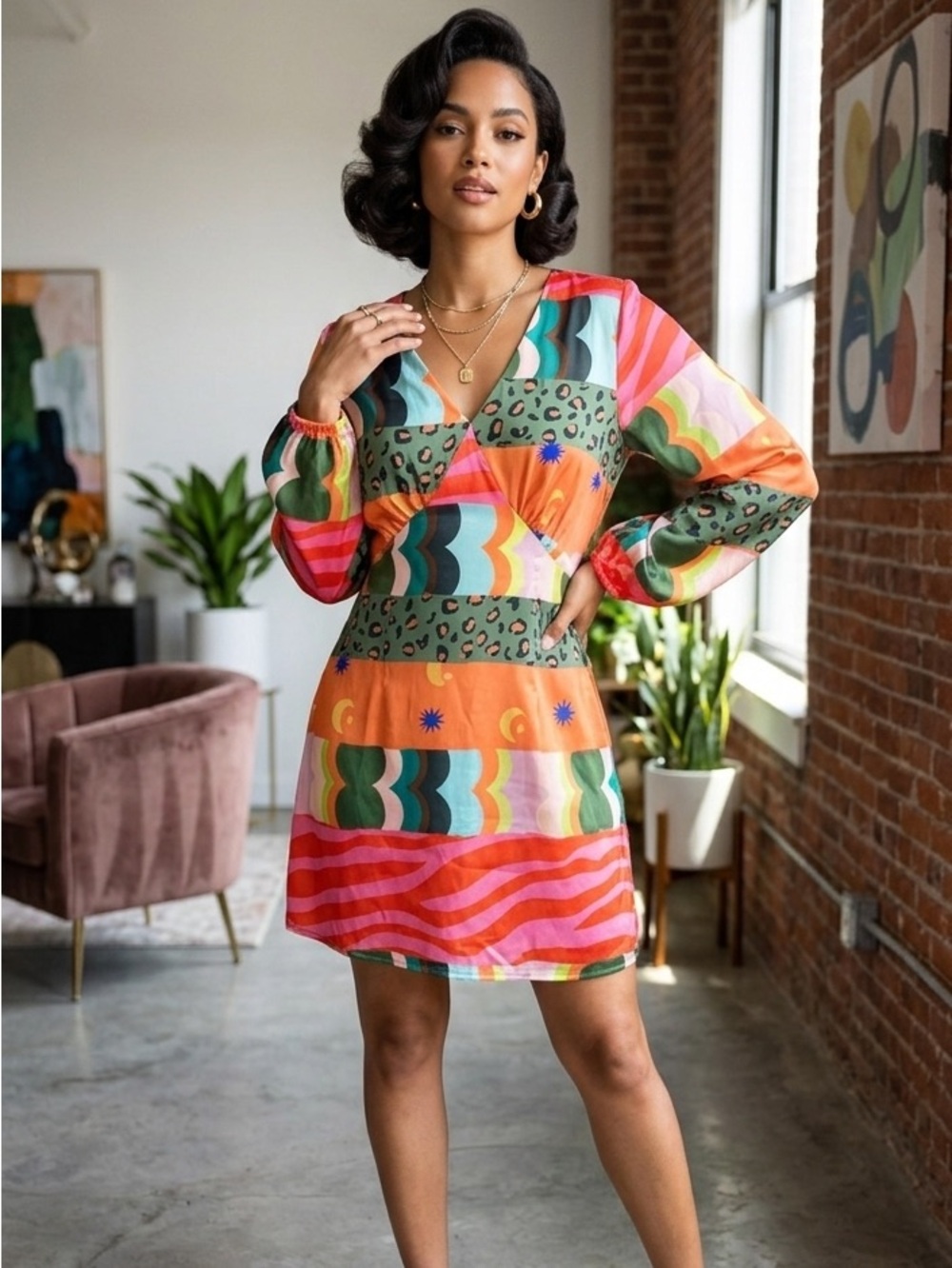 Vibrant Sunday Up Patchwork Print Dress, Size M